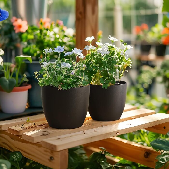 Квітковий горщик 15 см з самополивом та індикатором води, чорний, набір з 4 шт. , Самополивний кашпо/горщик з резервуаром для води для використання в приміщенні та на вулиці, чорний, 15,5*13 см, 4U