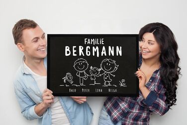 Персоналізований сімейний килимок для дверей з іменами 1, 2, 3 та більше дітей, собака, кіт, фігурка-паличка, білий, 60x40 см, фігурка-паличка біла