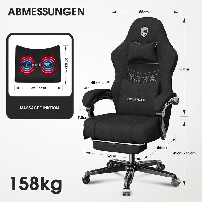 Ігрове крісло Douxlife з тканини та функцією масажу, розширена пружинна подушка сидіння, ергономічне офісне крісло, ігрове крісло для ПК з підставкою для ніг, 158 кг, чорний колір