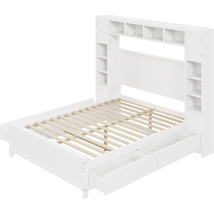Настінне ліжко 140x200, настінне ліжко з рейковою основою, ліжко-мерфі з 4 шухлядами та великою шафою для зберігання, ліжко з масиву дерева, двоспальне ліжко, каркас ліжка (білий) A-white