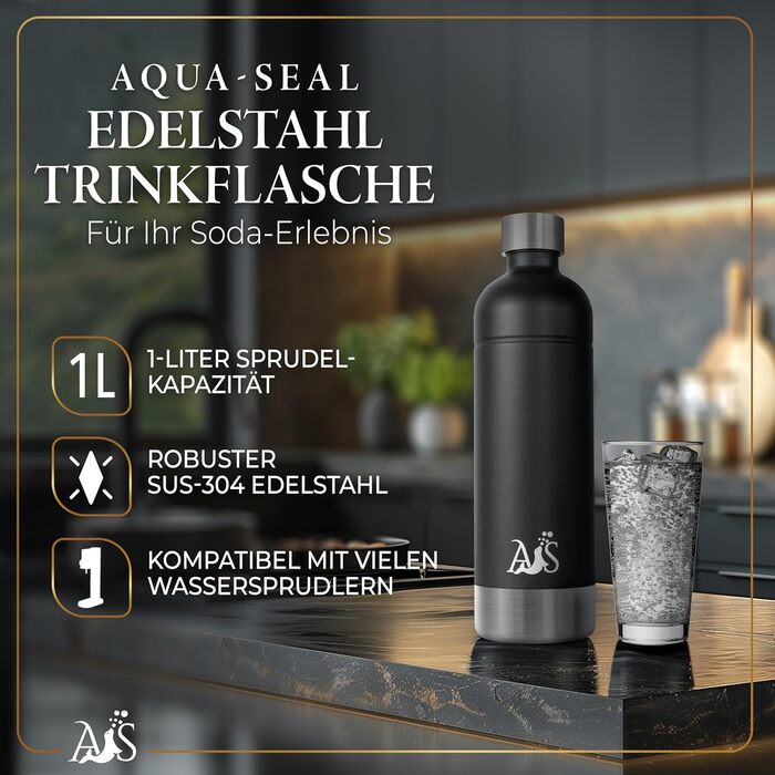 Пляшка з нержавіючої сталі AQUASEAL пляшка для води, сумісна з виробниками газованої води AarkeCarbonator 3, Philips GoZero, Sodapop, Brita sodaONE1 літр газованої води 1,25 л поверхня закриття можна мити в посудомийній машині чорний