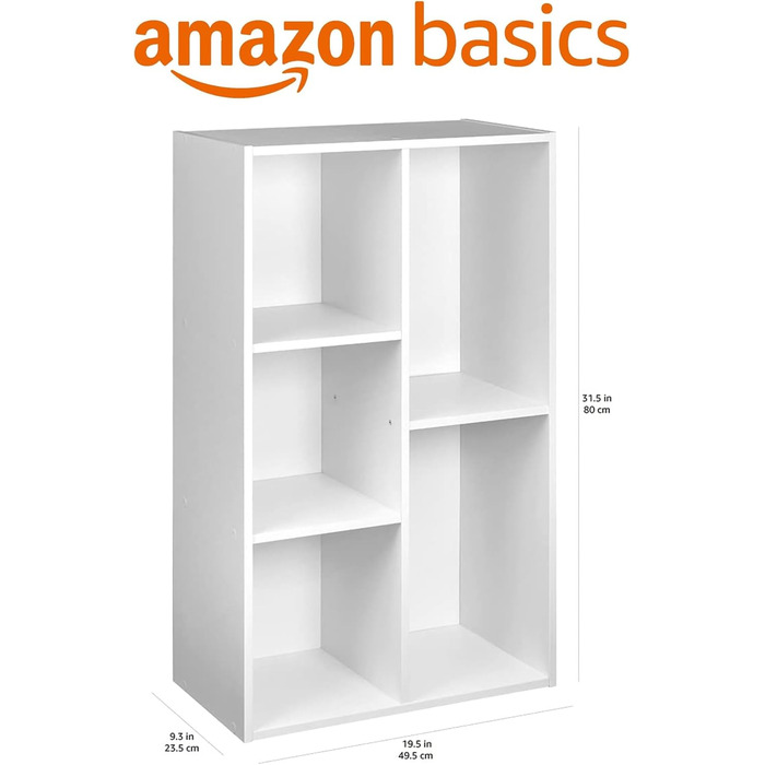 Книжкова полиця Storeo Basics з 5 полицями, біла, 50 x 24 x 80 см Офічна полиця, вітальня, спальня, кубічний білий колір, 5 полиць