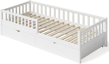 Дитяче ліжко Bellabino Vils 90x200 см Ліжко для малюків, що розкладається до 90x190 см, із захистом від падіння та рейковою основою Дитяче ліжко Монтессорі з масиву сосни білого кольору для хлопчиків та дівчаток. Біле з гостьовим ліжком (матрац не входить