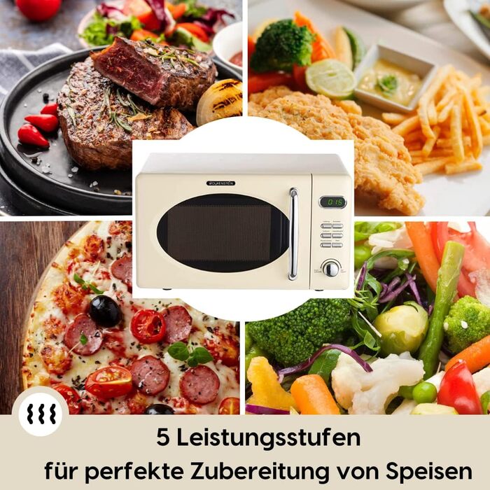 Мікрохвильова піч Wolkenstein Retro Stand WMW720 I 700 Вт Потужність мікрохвильової печі I 20 л Варильний простір i5 Рівні продуктивності I 8 програм приготування Функція розморожування I Металевий корпус I Поворотний стіл (24,5 см) I Світлодіодний диспле