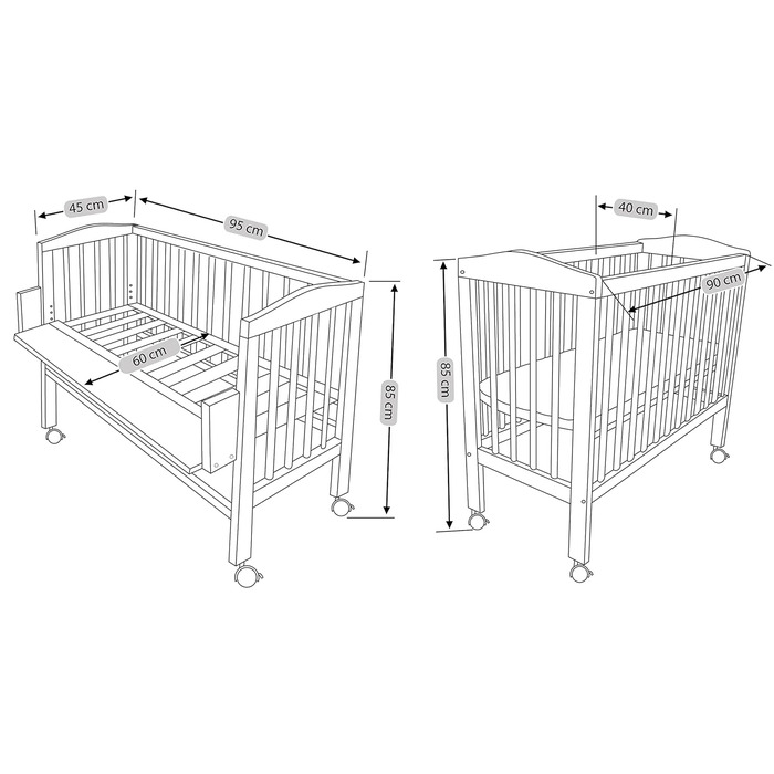 Приліжкове ліжечко Waldin з матрацом, регульована по висоті, натуральна необроблена деревина, велика поверхня для лежання 90x55 см (90Д x 60Ш x 80В см), натуральна необроблена деревина