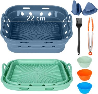 Силіконова форма Аерофритюрниця Квадратна силіконова фритюрниця Аксесуари 22 см Складна аерофритюрниця Форма для випічки Дизайн циркуляції повітря, Харчовий клас, Легкий догляд (Набір 1, СинійЗелений) Квадрат 22 см СинійЗелений