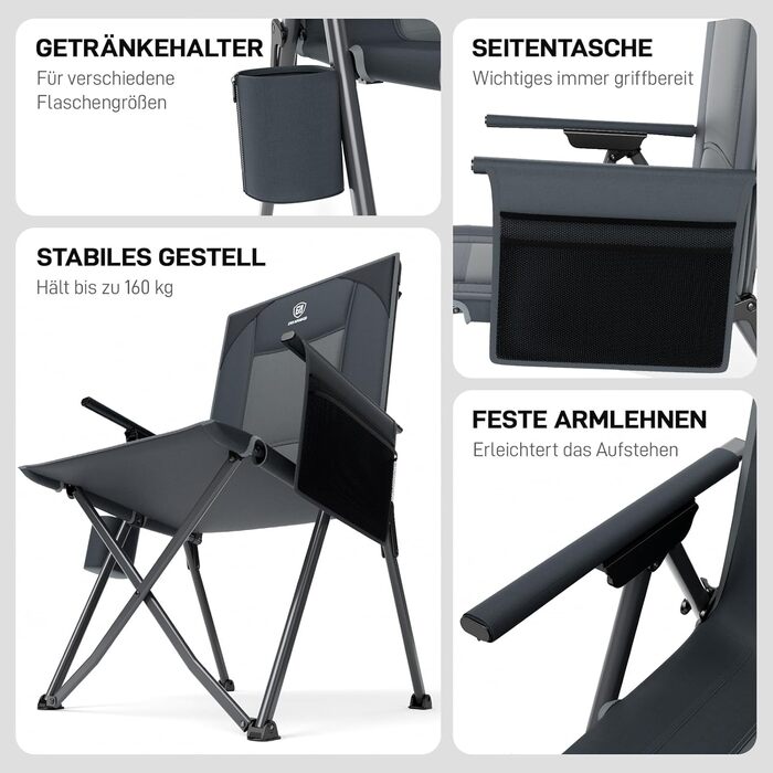 Складане кемпінгове крісло EVER ADVANCED, регульована спинка в 4 положеннях, вантажопідйомність 160 кг, розкладне кемпінгове крісло з бічною кишенею та тримачем для напоїв, рибальське крісло для кемпінгу, саду, балкону, сіре, 2 шт.