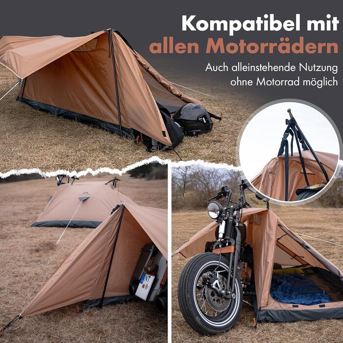 Мотоциклетний намет MALIHINI Намет на 1 особу Ультралегкий та компактний, водонепроникний намет для мотоциклістів та як чохол для мотоцикла Сумісний з усіма мотоциклами Велотуризм та кемпінг, колір хакі