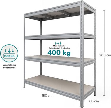 Надміцний стелаж KARAT XXL, оцинкований 200 x 180 x 60 см, стелажі для гаража, підвалу та майстерні - безболтові стелажі, широкопрохідні стелажі, підвальні стелажі, стелажі для майстерні (TitanRack Big)