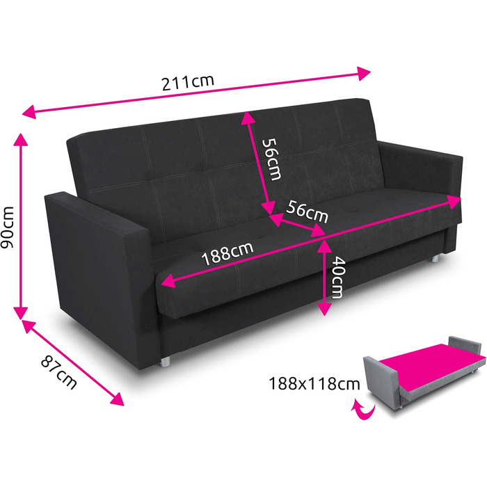 Розкладний диван Suedine Dave - Диван з функцією сну та ящиком для зберігання речей, ліжко, вибір кольорів, розкладний диван, диван від виробника, клік-клак (Сірий (Suedine 06))