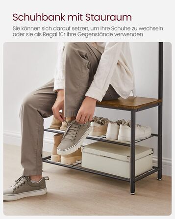 Вішалка для одягу, Вішалка для одягу з полицями для взуття, Вішалка для взуття із сидінням, для передпокою, з гачками, 3 полиці, Метал, Висота 177 см, Промисловий дизайн, Вінтажний коричнево-чорний HSR41BX 70 x 177 см Вінтажний коричневий чорний