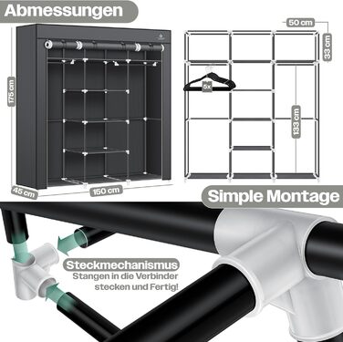 Тканинна шафа KESSER, міцна з вішалкою для одягу та полицями, вкл. 5 вішалок для одягу, тканинна складна шафа для спальні, гардеробна з вішалкою для одягу, 150x45x175 см, антрацит