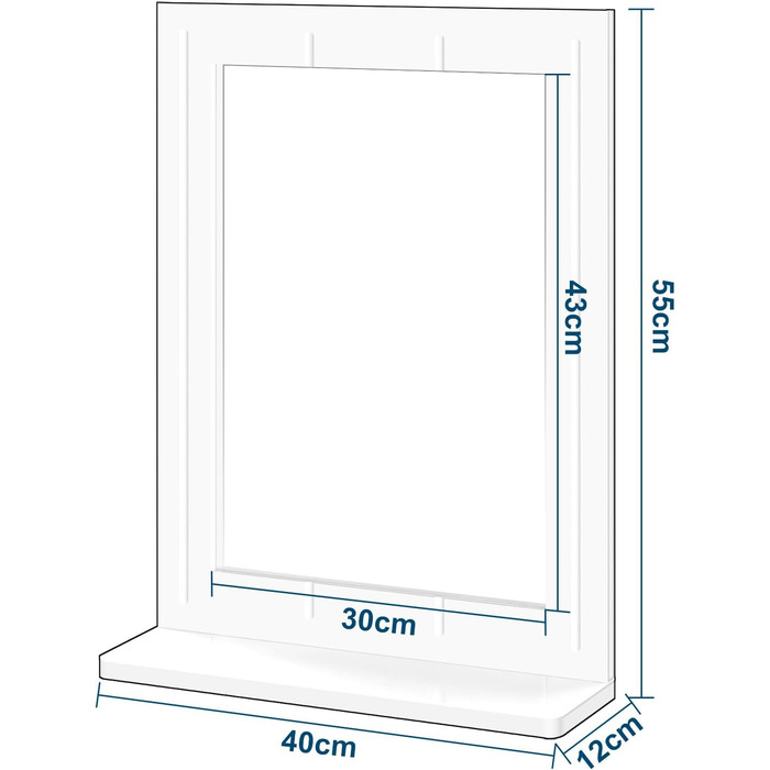 Дзеркало для ванної EUGAD з полицею, настінне дзеркало з рамою, дзеркало для ванної біле, дзеркало настінне прямокутне сучасне, підвісне дзеркало для ванної передпокою вітальні, виготовлене з МДФ, 40x55x12 см