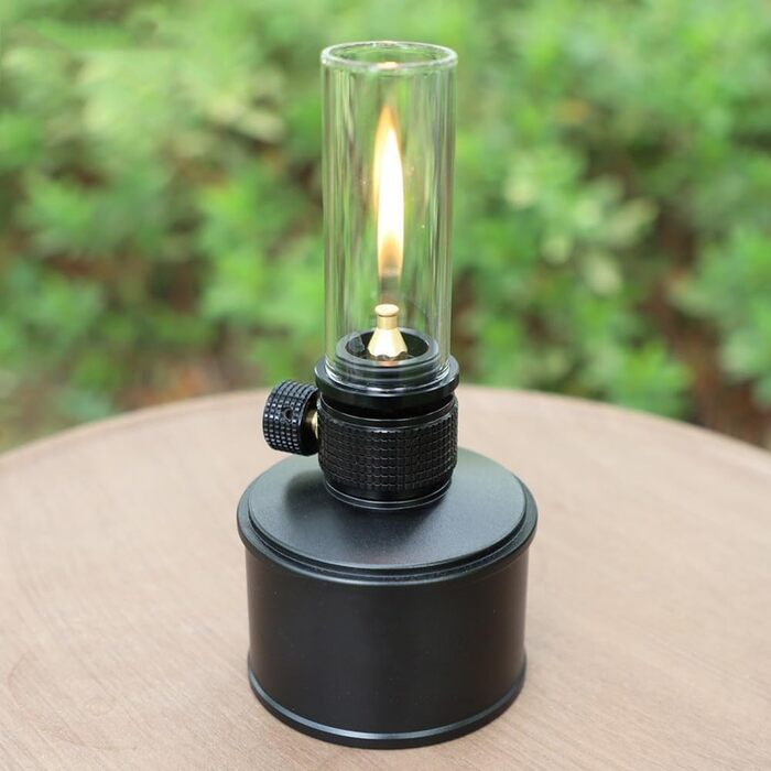 Газовий ліхтар для кемпінгу та походів портативний вуличний ліхтар з мідним клапанним сердечником, стабільним полум&39ям, паливним балоном 100 г, чорний та сріблястий, в комплекті (чорний бензобак)