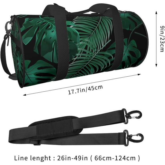Спортивна сумка для подорожей, принт Листя банана, зелений малюнок, чорний колір, універсальний розмір
