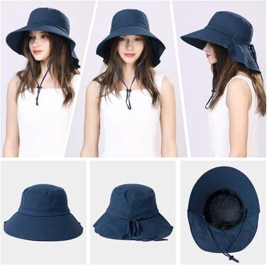 Жіночий сонцезахисний капелюх Comhats, захист від сонця UPF 50, літній капелюх із захистом шиї, широкі козирки, бавовна, M 1005темно-синій