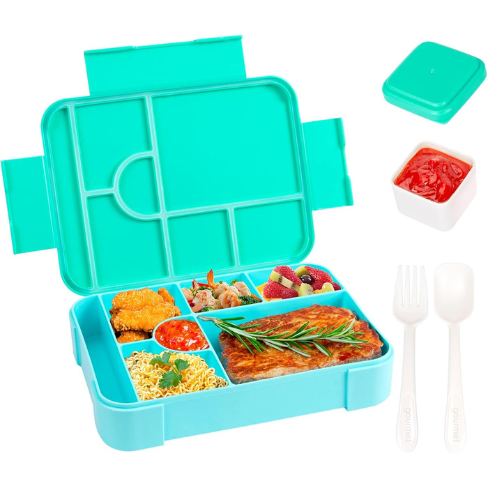 Ланчбокс Bento, 1330 мл, герметичний контейнер для їжі для дорослих з 6 відділеннями та набором столових приборів, без BPA. Підходить для офісу, мікрохвильової печі та посудомийної машини, колір океанічний синій.