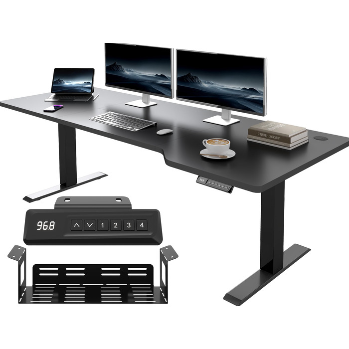 Стіл з регульованою висотою 180 x 85 см L-подібний стіл Регульований по висоті електричний, ергономічний ігровий стіл з гачками (чорний) Чорний 180 x 85 см