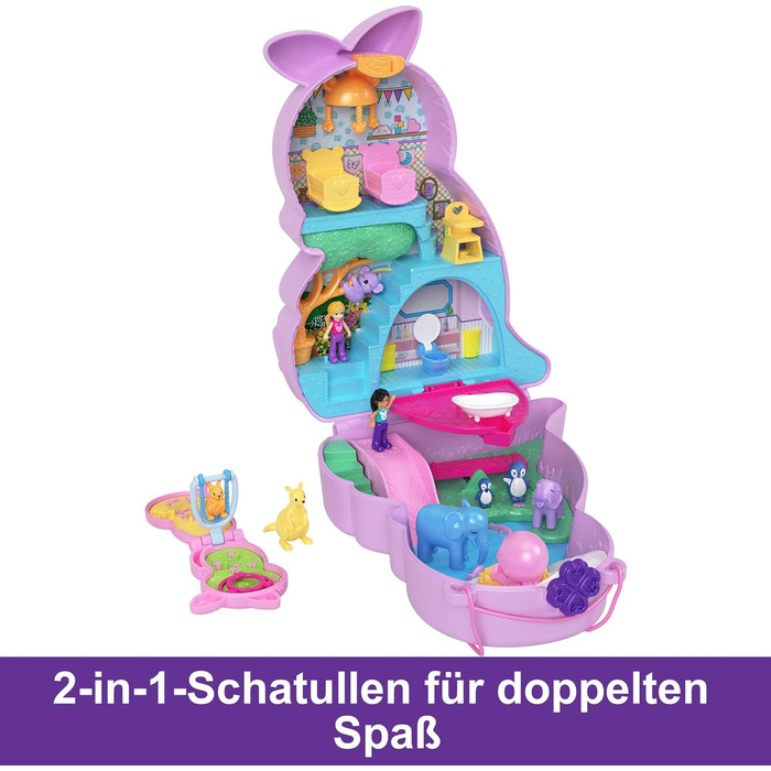 Ігровий набір 2-в-1 з розплідником для тварин, 2 ляльками, 7 тваринами та аксесуарами, включаючи м'яку сумку та скриньку, ідеально