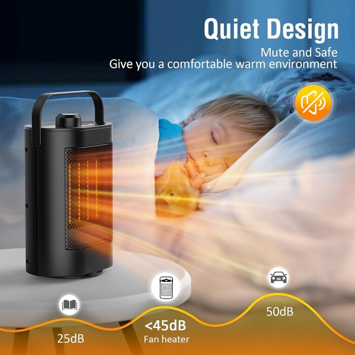 Енергозберігаючий та тихий електричний вентилятор-обігрівач - керамічний нагрівальний елемент PTC потужністю 1500 Вт, 3 швидкості, захист від перегріву/перекидання, невеликий вентилятор-обігрівач для ванної кімнати, кімнати, офісу, спальні, чорний