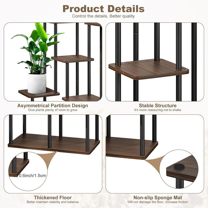 Рівнева дерев&39яна полиця для квітів, підставка для рослин, багаторівнева підставка для квітів, підставка для рослин, лавка для квітів, драбина для рослин, полиця для внутрішнього саду, декор балкону (чорний дуб) 7 рівнів, чорний дуб, 7-