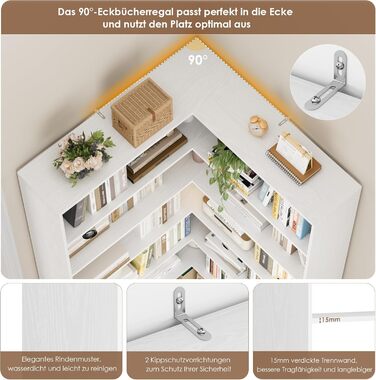 Кутова полиця FirFurd 190 см, книжкова шафа-ліжко, кутова книжкова шафа з 6 полицями, L-подібна кутова шафа, висока шафа, книжкова шафа, кутова вітрина для кабінету, вітальні, кухні, 90x90x190,5 см, білий