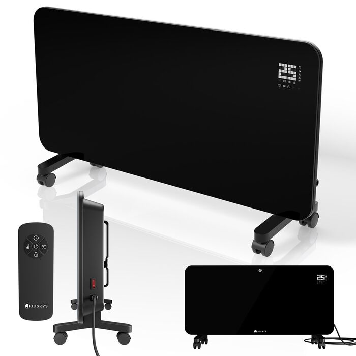 Скляний обігрівач Juskys 2000 Вт, скляний конвектор, електричний обігрівач, керування за допомогою застосунку, світлодіодний дисплей, таймер, настінно-підлоговий блок з пультом дистанційного керування