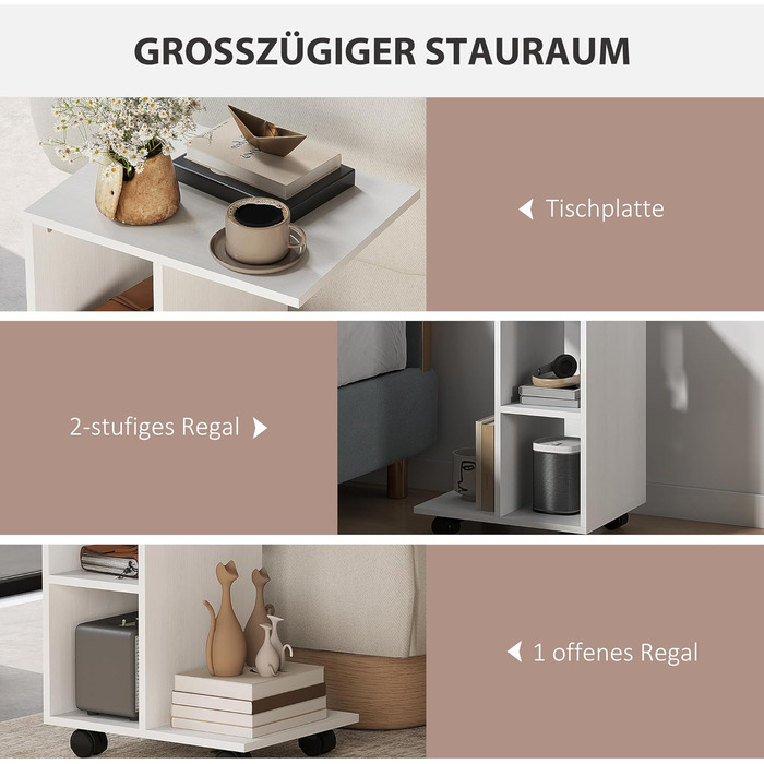 Журнальний столик HOMCOM C-подібної форми на колесах, переносний диванний столик, для невеликих приміщень, 45 x 35 x 58 см, білий