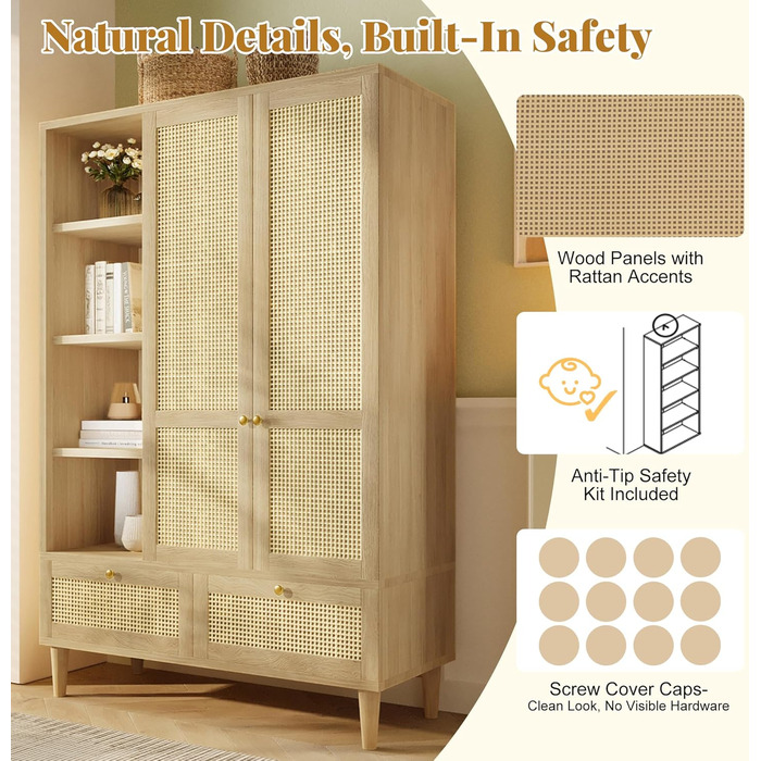 Шафа з 2 дверима та плетінням з ротанга в сільському стилі, під дуб, відкрита полиця, полиці, вішалки для одягу, 2 шухляди, пристрій проти перекидання (180x120x50 см) 180x120x50 см