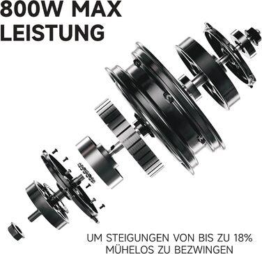 Електросамокат з допуском до експлуатації в Німеччині, запас ходу 55 км в еко-режимі, запас ходу 47 км в спортивному режимі, передня та задня підвіски, двигун потужністю 800 Вт, складається, 17,9 кг, 10-дюймові шини, IPX5, 3 Pro D