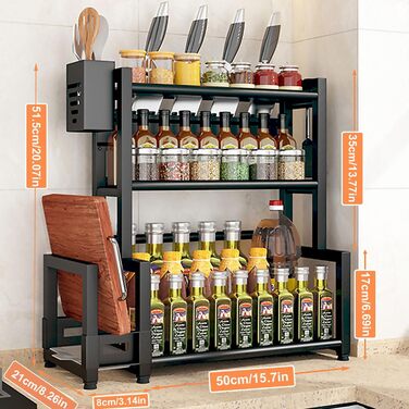 Стелаж для спецій Devesanter, 3 яруси, кухонна стійка для банок для спецій великої місткості, металевий органайзер для стільниці з тримачем для посуду, тримач для обробної дошки, з 6 гачками, чорний