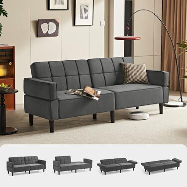 Диван LINSY HOME з функцією сну, розкладний диван з регульованою спинкою та підлокітниками, 3-місний диван з функцією ліжка з оксамитової тканини, спальна зона 230 x 100 см, ідеально підходить для вітальні (сірий)