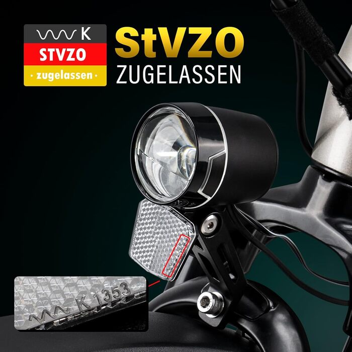 Світлодіодний велосипедний ліхтар E-Bike Dynamo 30-100 LUX з допуском StVZO - Передній ліхтар та фара для велосипеда, автоматичне світло, габаритне світло та відбивач - Схвалено StVZO для електровелосипедів та велосипедів 100 Lux eBike