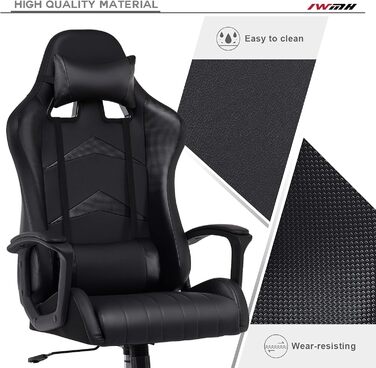 Ігрове крісло IntimaTe WM Heart, ергономічне ігрове крісло, офісне крісло з регульованим підголівником та поперековою опорою, комп&39ютерне крісло з високою спинкою, 52 x 49 x 130 см (чорне) Чорний 52 Г x 49 Ш x 130 В см