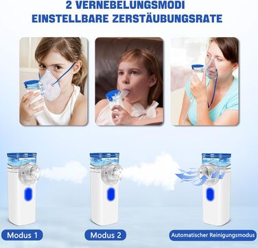 Інгалятор електричний портативний небулайзер Безшумний інгалятор для дорослих і дітей, 2 схеми розпилення Регульована функція автоматичного очищення інгалятор з масками і мундштуком Синій