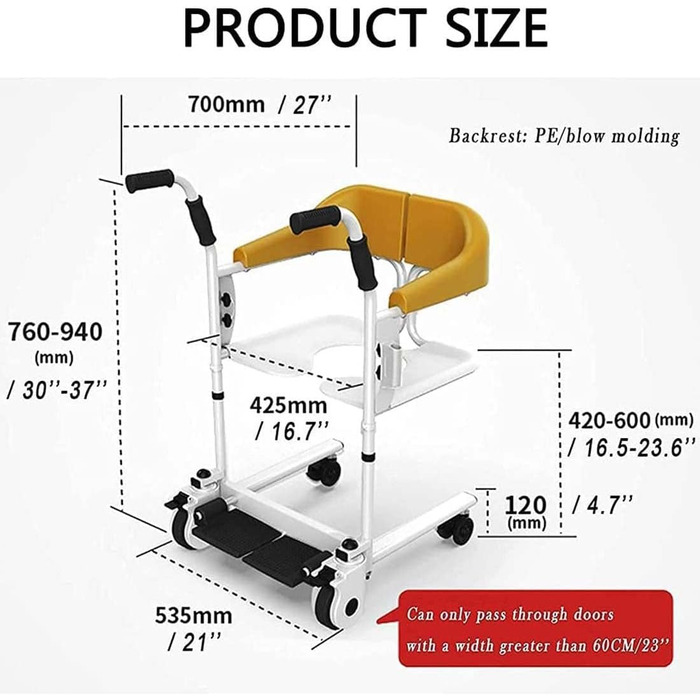 Багатофункціональне крісло для перенесення пацієнтів Patient Lift, підйомник для пацієнта додому, розділене сидіння на 180, з унітазом і подушкою, транспортне крісло для душу для літніх людей, 220 кг, коричневий (світлий