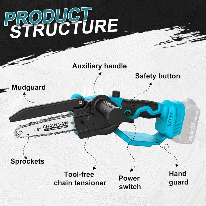 Дюймова міні-бензопила JUDANNA, сумісна з акумулятором Makita 18 В, міні-бензопила для однієї руки з 8-дюймовою направляючою пластиною та ланцюгом, окуляри, рукавички, викрутка, 6-
