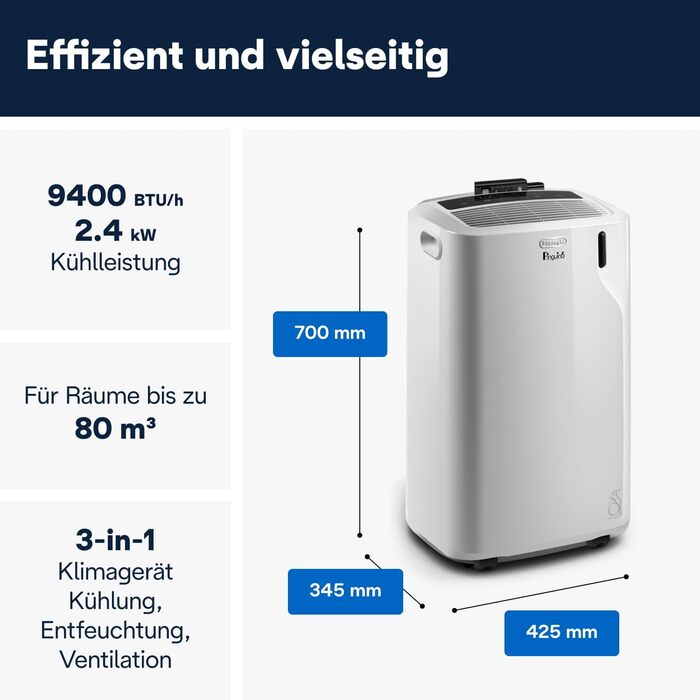 Мобільний кондиціонер для приміщень до 80 м, 9400 BTU, 2,4 кВт, 63 дБ, функція осушення, клас енергоспоживання A, 24-годинний таймер, білий, 39Longhi Pinguino PAC EM82