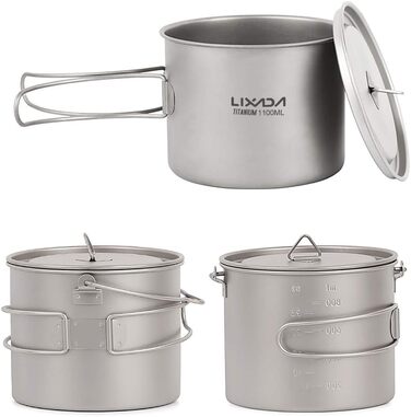 Титанова чашка Lixa-da з кришкою та складною лопаткою, 750 мл/900 мл/1100 мл, легкий посуд для пікніка, для кемпінгу, походів, пікніків на свіжому повітрі, 128 г C-1100 мл