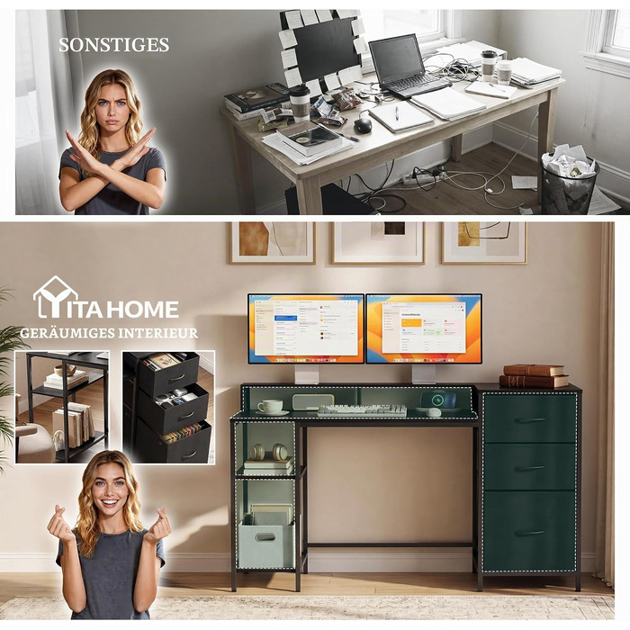 Кутовий письмовий стіл YITAHOME з розетками та шухлядами, комп'ютерний стіл чорний, 144 x 50 x 87 см