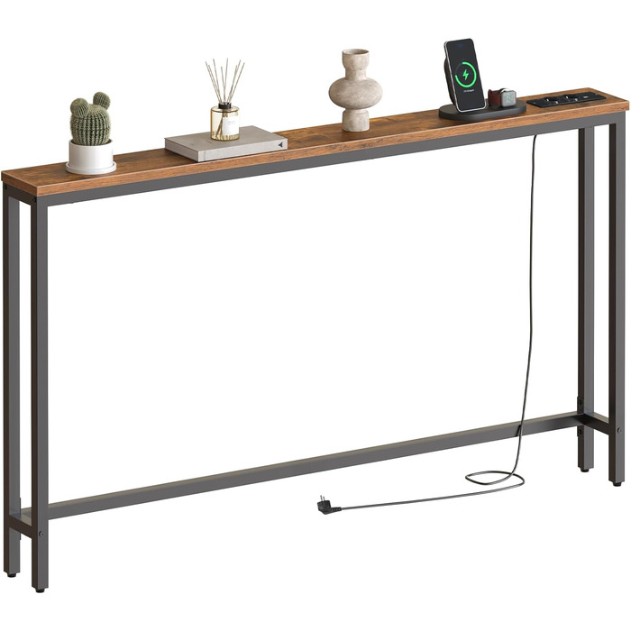 Вузький консольний столик HOOBRO, бічний столик довжиною 140 см, диванний столик із зарядною станцією, передпокійний столик, за диваном, у вітальні, у коридорі, металевий каркас, вінтажний коричнево-чорний EBF145CXG01 Вінтажний коричневий чорний