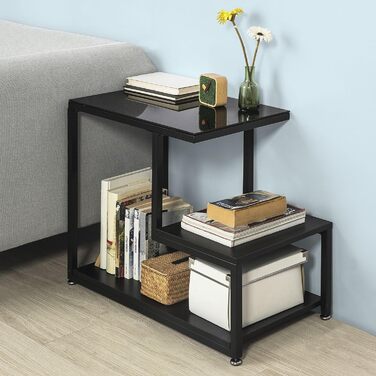 Журнальний столик зі скляною стільницею, журнальний столик, скляний стіл з 3 полицями, чорний, розміри Ш/В прибл. 65x55x35 см, Black-fbt65-sch, 65-SCH