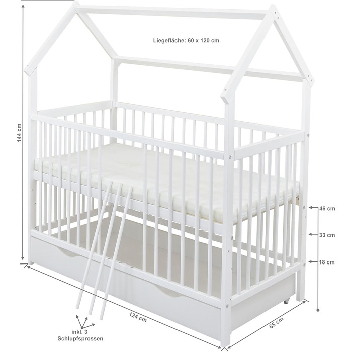 Комплект дитячого ліжечка Generic Baby Deluxe, 60x120 см, білий ящик, захист від падіння, матрац, набір постільної білизни (Loving Bear)