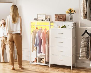 Комод Coleshome з вішалкою для одягу, світлодіодним освітленням та розеткою, двосторонній дизайн з 6 шухлядами, тканинний комод для спальні та вітальні, 110 x 30 x 106 см, білий