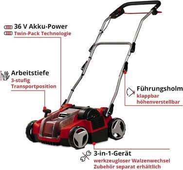 Аератор-садовий пилосос GE-SC 36/35 Li-Solo Power X-Change (36 В, ширина захвату 35 см, безщітковий двигун, вал з 16 ножами, складана ручка керування, без акумулятора) без валу-щітки та мішка для збору сміття