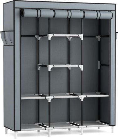 Велика тканинна шафа з 2 рейками для одягу та 8 полицями, складна шафа з кришкою, переносна шафа для гардеробної/спальні (сіра, 124 x 42 x 162 см)