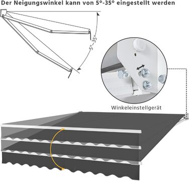 Висувна маркіз Yaheetech, складна маркіз з ручним приводом 300x250 см, регулювання кута нахилу сонячної маркізати (5-35), вкл. настінне кріплення темно-сірого кольору 300 x 250 см темно-сірого кольору