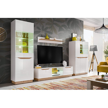 Настінна шафа для вітальні Generic Fame, настінна полиця для вітальні, стіна для телевізора, матова глянцева вітрина, низька тумба, настінна полиця зі світлодіодним підсвічуванням (білий/дуб Artisan) Білий / дуб Artisan