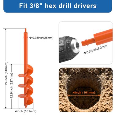 Буровий свердло BeneLabel для саду та землі, 61 x 10 см, для ям під стовпи, спіральне свердло для акумуляторного шуруповерта та дриля, для посадки цибулин та квітів, ручний бурильник із шестигранником 10 мм, інструмент для копання ям під паркан