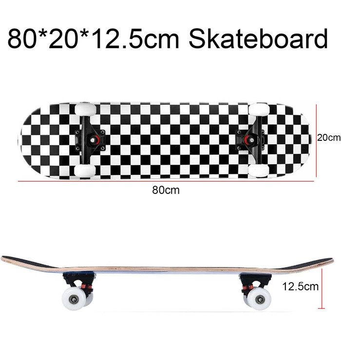 Скейтборд ERNAN 38 дюймів - стандартний скейтборд для дітей, підлітків та дорослих, 7-шарова кленова дека, увігнута форма, чорно-білий клітинка дизайн